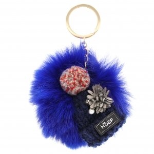 Knit Hat With Genuine Rabbit Fur Pompom Key Chain