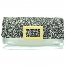 Glitter & Buckle Faux Patent Leather Clutch