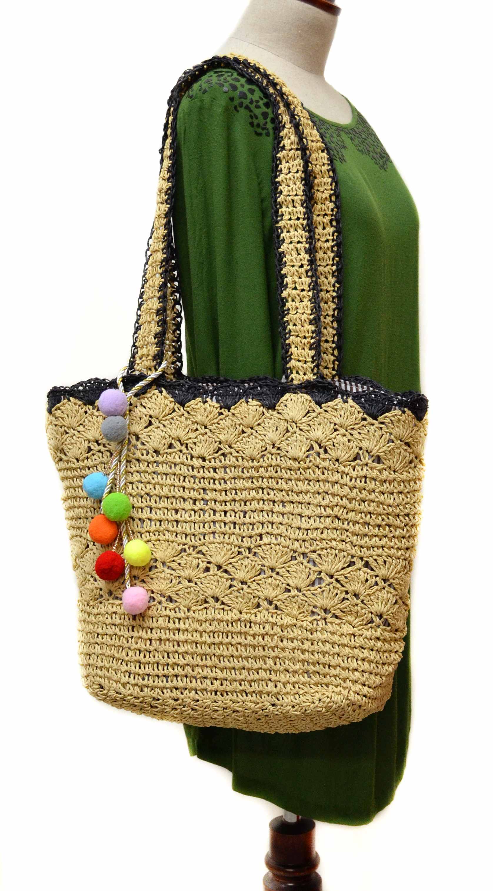 Straw Woven Tote with Pom Charms | 438010-210